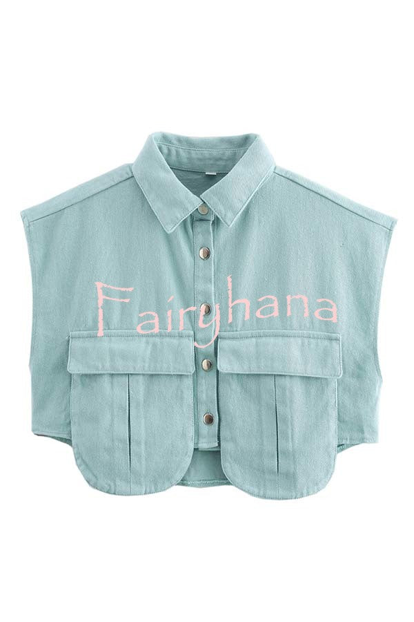 Stylish Weekend Denim Button Up Cape Sleeve Pocket Crop Top