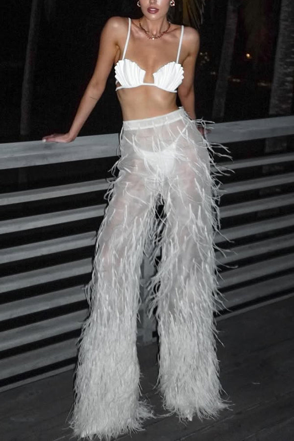 Braylie Sheer Tulle Tiered Feather Trim High Rise Wide Leg Pants