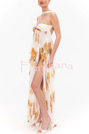 Mariah Floral Print Starfish Brooch Inverted Halter Neck Slit Ruffles Maxi Dress