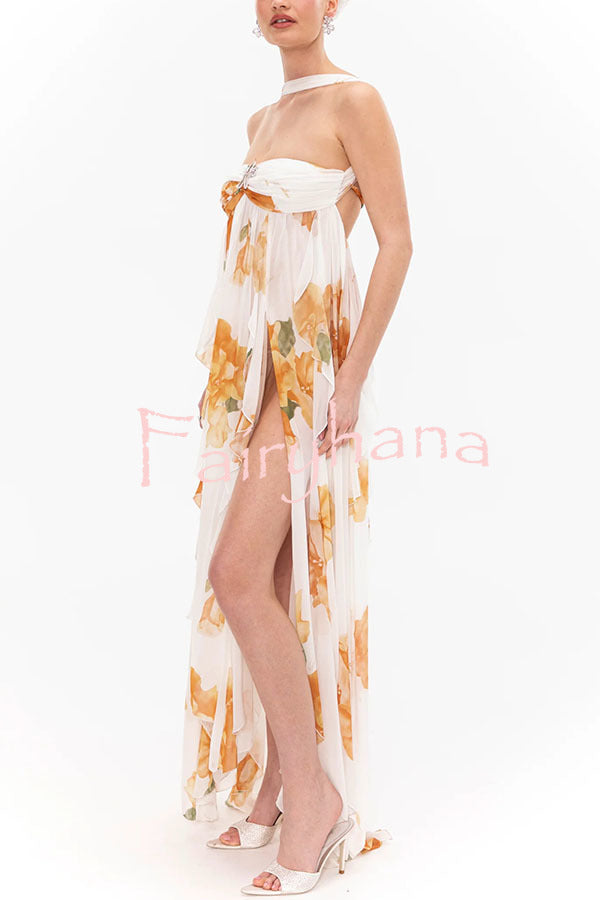 Mariah Floral Print Starfish Brooch Inverted Halter Neck Slit Ruffles Maxi Dress