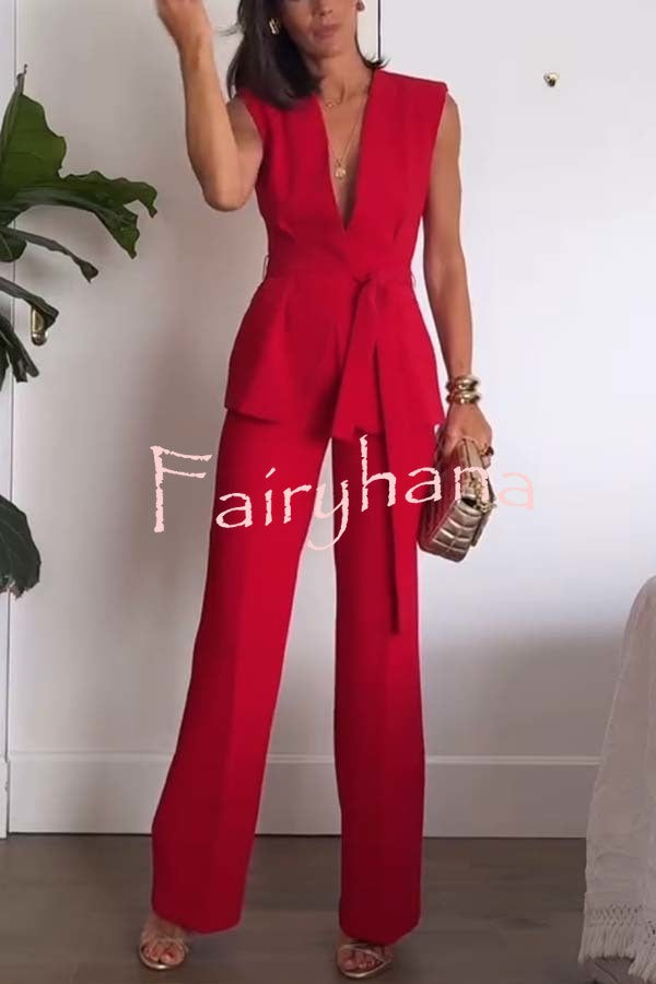 Keep It Classic V-neck Belted Vest and Mid Rise Pocket Wide Leg Pants Set