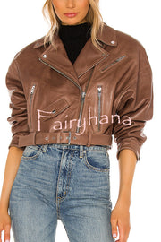 Fashion Lapel Long Sleeve Casual Zipper Pocket Leather Jacket