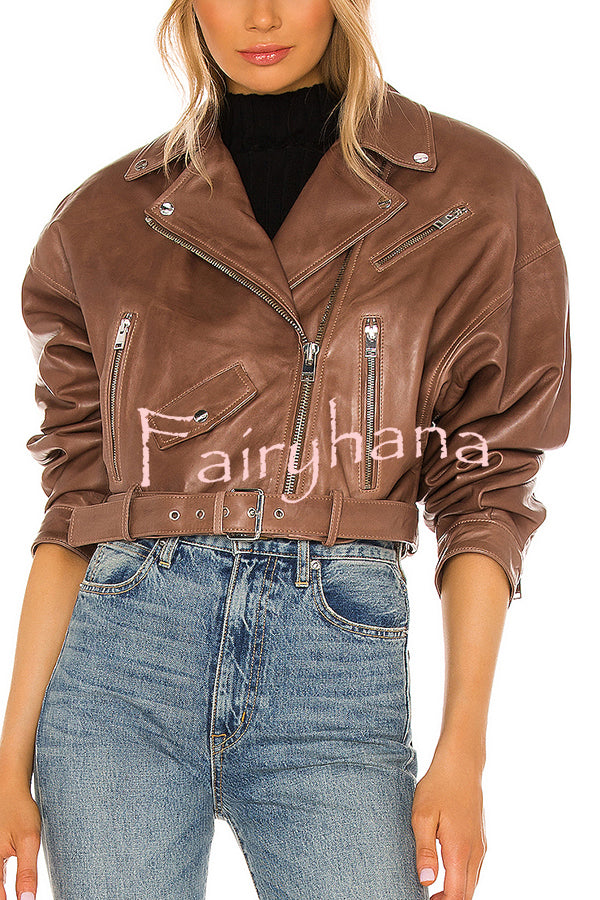 Fashion Lapel Long Sleeve Casual Zipper Pocket Leather Jacket