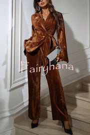 Solid Color Velvet Pleated Long-sleeved Tie Top and Casual Pocket Straight-leg Pants Set