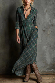 Plaid Print Lapel Long Sleeve Casual Pocket Single-Breasted Maxi Dress