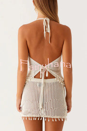 Fashion Knit Hollow Back Top and Embellished Fitted Stretch Beach Mini Skirt Set