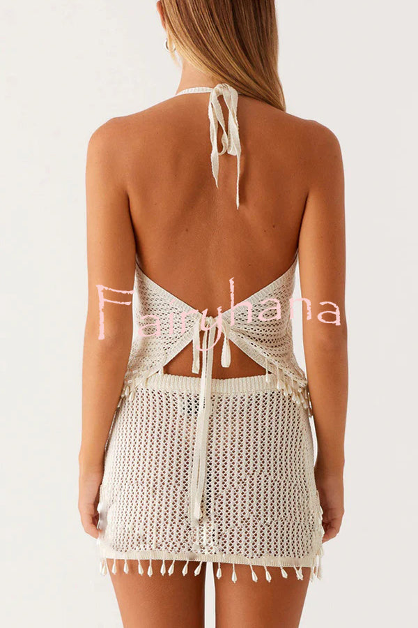 Fashion Knit Hollow Back Top and Embellished Fitted Stretch Beach Mini Skirt Set
