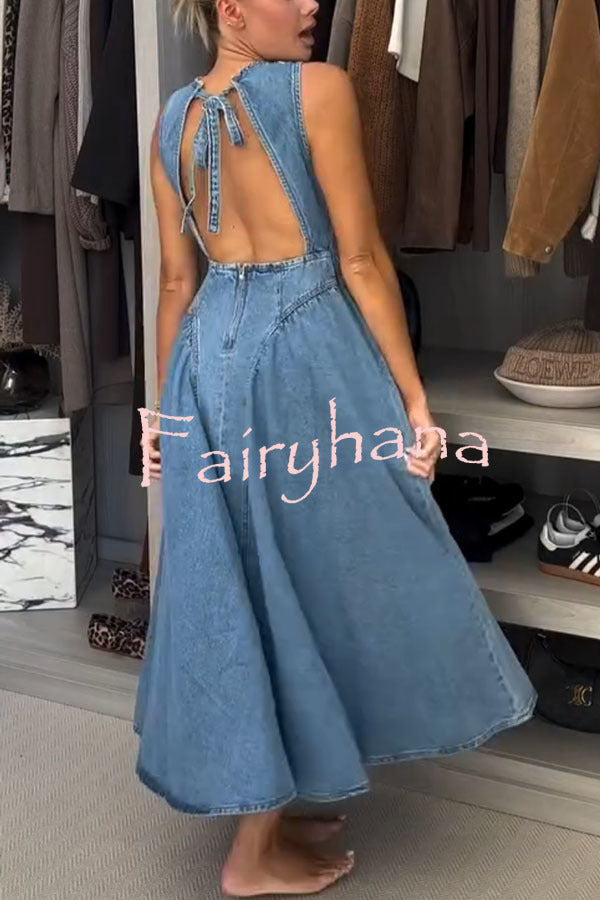 Classic and Stylish Denim Open Back Tie-up Gathered Hip Stretch Midi Dress