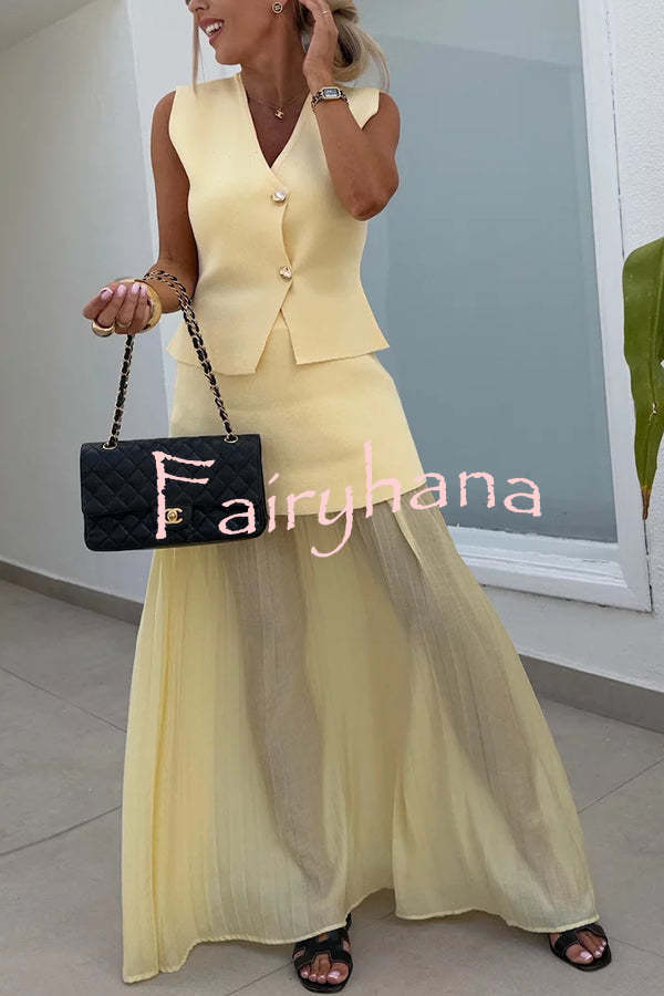 Stylish and Elegant Knit Gold Buttons V-neck Loose Vest