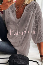 Cotton Linen Blend Patchwork Hollow Out Tassel Blouse