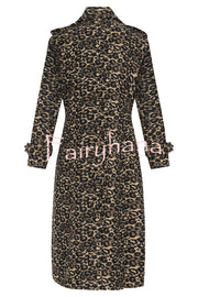 Leopard Affair Animal Print Epaulettes Long Sleeve Pocketed Lapel Midi Trench Coat