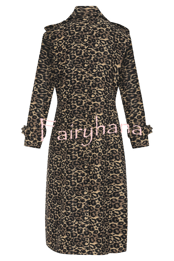Leopard Affair Animal Print Epaulettes Long Sleeve Pocketed Lapel Midi Trench Coat