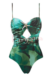 Unique Print Starfish Embellished Cutout Stretch One-piece Swimsuit