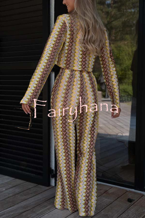 Tamia Knit Colorful Wave Unique Print Crop Top and Stretch Wide Leg Pants Set