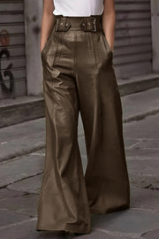 Fashion Leather High Waist Loose Pocket Casual Flared Pants