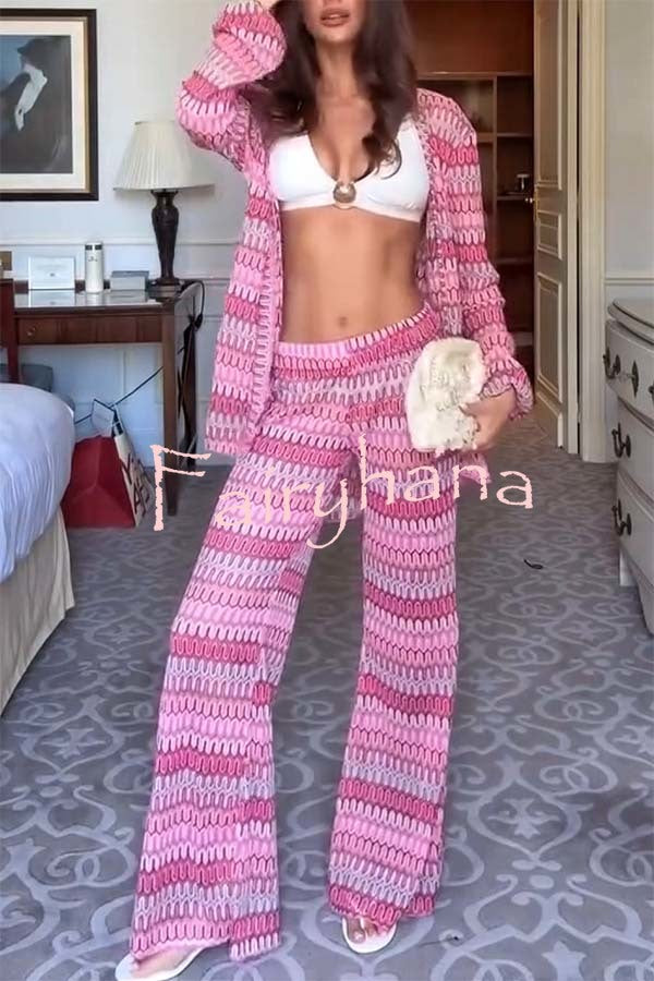 Beach Style Knit Unique Print Long Sleeve Kimono Shirt and Stretch Wide Leg Pants Set