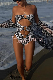 Marsie Zebra-print Ring Cutout Details Off Shoulder Stretch One-Piece Swimsuit