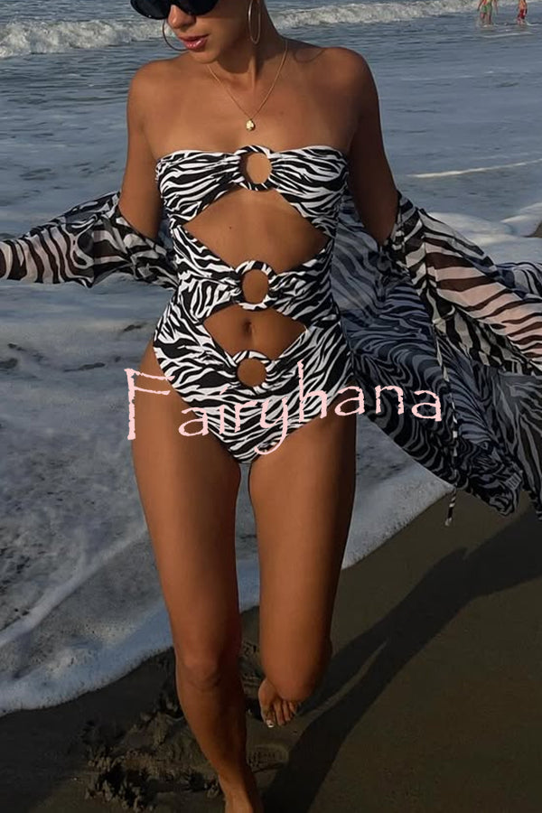 Marsie Zebra-print Ring Cutout Details Off Shoulder Stretch One-Piece Swimsuit
