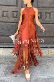 Fashion Sleeveless Halter Neck Elegant Tassel Slim Maxi Dress