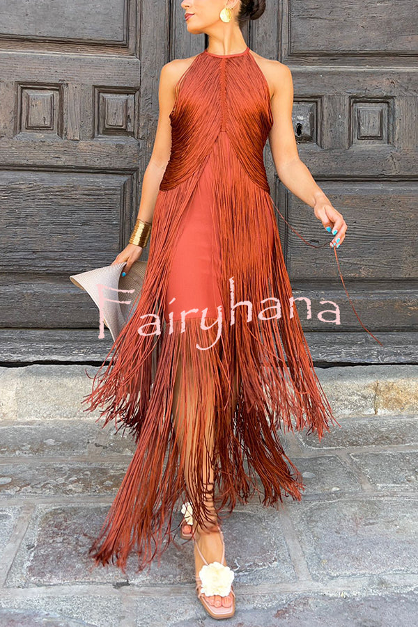 Fashion Sleeveless Halter Neck Elegant Tassel Slim Maxi Dress
