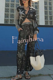 Black Magic Satin Unique Print Long Sleeve Blouse and Elastic Waist Pocket Wide Leg Pants Set
