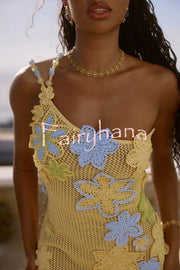 Nammos Knit Crochet Handmade Flower One Shoulder Back Tie-up Stretch Mini Dress