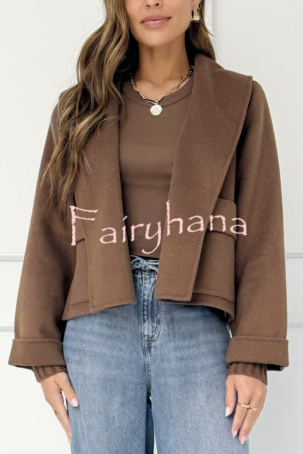Comfortable Season Shawl Collar Open-front Long Sleeve Flap Pockets Crop Coat