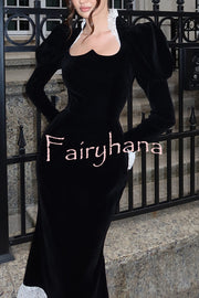 Baroque Style Velvet Lace Trim Sweetheart Neck Long Sleeve Flare Midi Dress