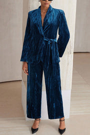 Solid Color Velvet Pleated Long-sleeved Tie Top and Casual Pocket Straight-leg Pants Set