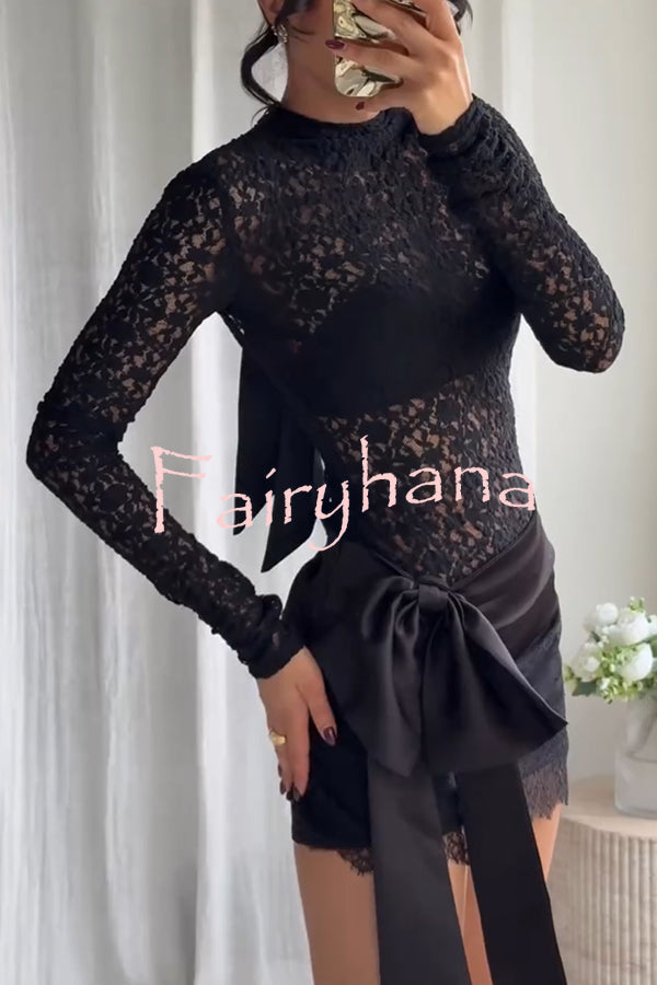Anna Semi-sheer Lace Long Sleeve Back Bow Tie-up Cutout Stretch Bodysuit