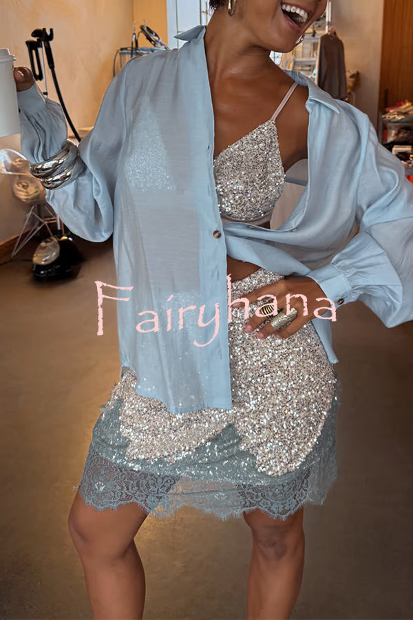 Power of Styling Sequin Lace Trim Elastic Waist Mini Skirt