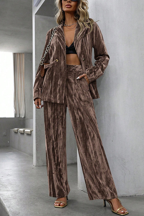 Solid Color Velvet Loose Long-sleeved Top and Elastic Waist Pocket Casual Straight-leg Pants Set