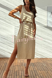 Fashion Sleeveless V-neck Sexy Two-side Slit Midi Dress