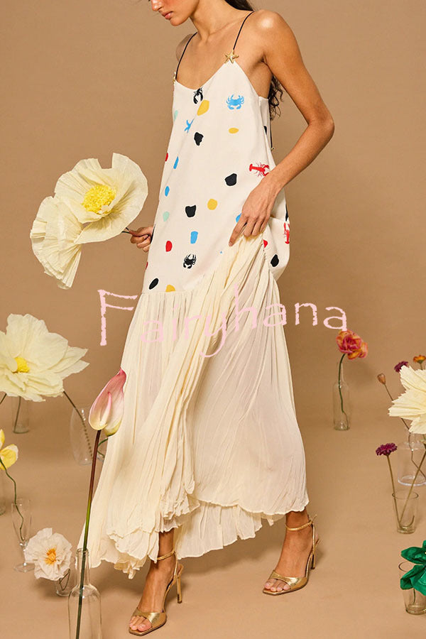 Ocean Dot Unique Print Starfish Metal Strap Pleated Chiffon Hem Maxi Dress