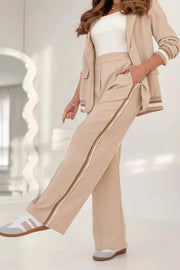 Solid Color Lapel Long Sleeve Loose Blazer and Elastic Waist Casual Pocket Wide Leg Pants Set
