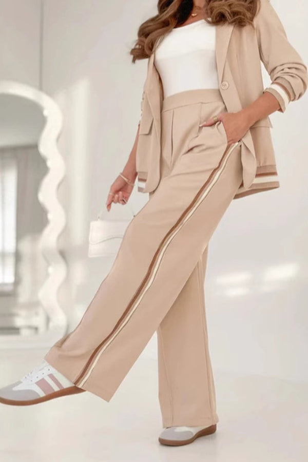 Solid Color Lapel Long Sleeve Loose Blazer and Elastic Waist Casual Pocket Wide Leg Pants Set