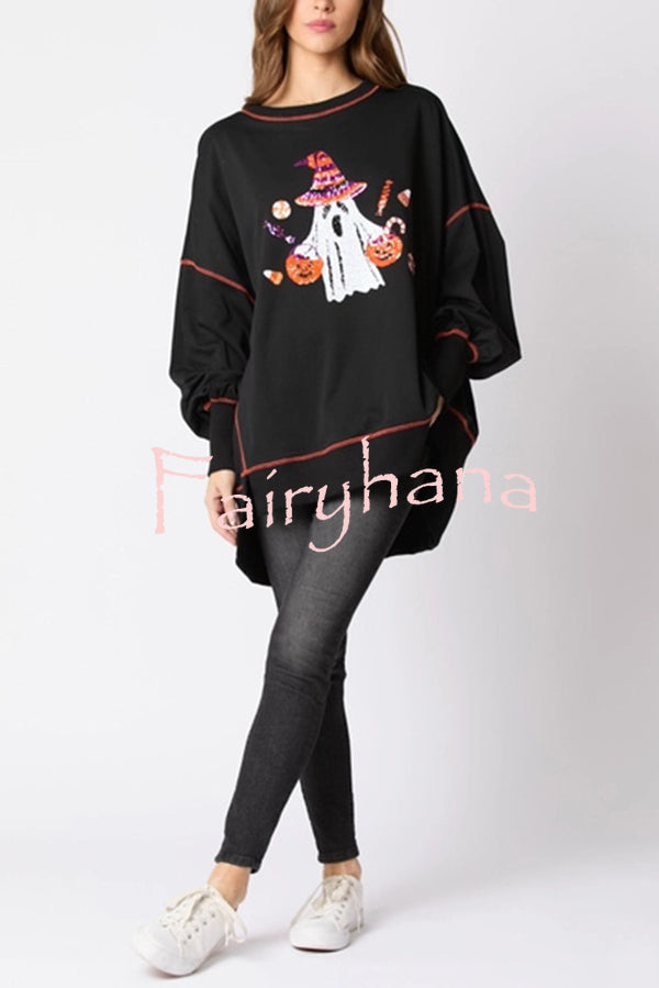 Halloween Ghost Sequin Loose Casual Sweatshirt