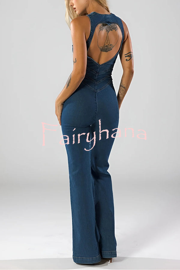 Fashionable Heart Hollow Back Slim High Waist Flared Denim Jumpsuit