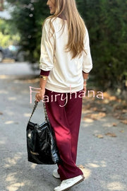 Stylish Color-blocked V-neck Knitted Button-down Cardigan and Elastic Waist Casual Wide-leg Pants Set