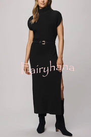 Solid Color Sleeveless Knitted Elegant Waist Midi Dress