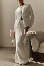 Solid Color Long-sleeved Button-pocket Knitted Jacket and Elegant Long Skirt Set