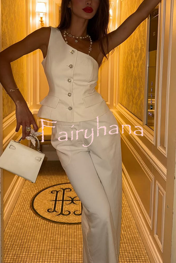 Fashion One-shoulder Slim-fit Button Vest and Casual Pocket Straight-leg Suit Pants Set