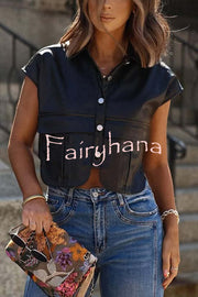 Fashion Faux Leather Pocket Sleeveless Cropped Jacket
