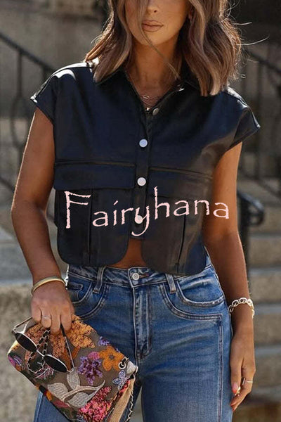 Fashion Faux Leather Pocket Sleeveless Cropped Jacket