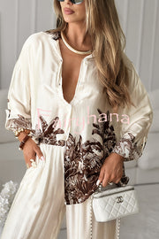 Botanical Print Loose Long-sleeved Shirt and Elastic Waist Pocket Casual Wide-leg Pants