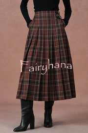 Yehudit Plaid Belt Buckle Design High Rise Pocket Midi Umbrella Skirt