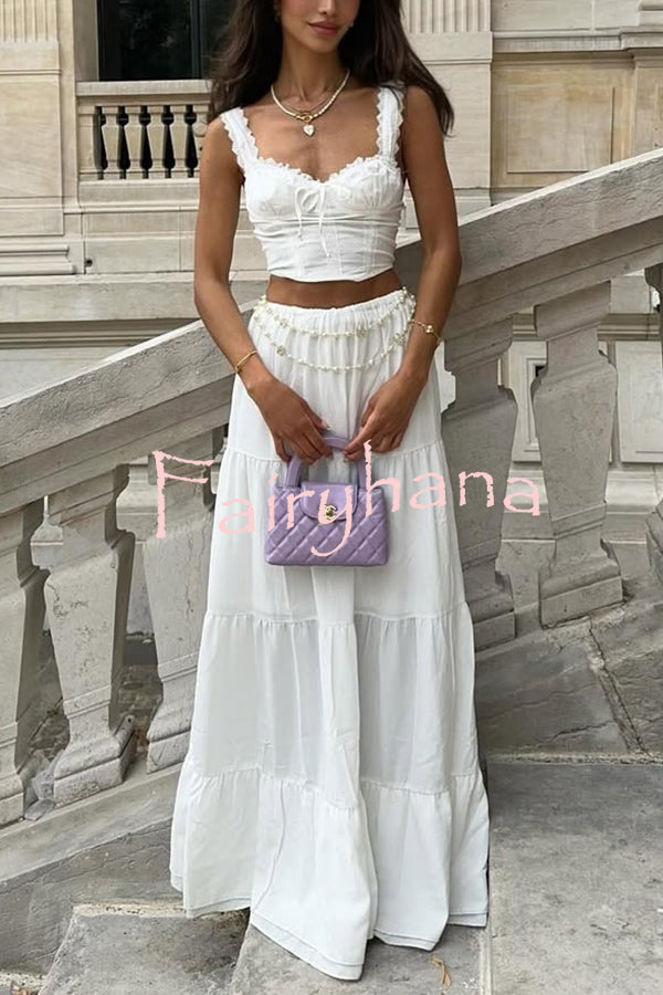 Fashionable Suspender Slim-fit Top and Elastic Waist Stitching Elegant Maxi Skirt Set