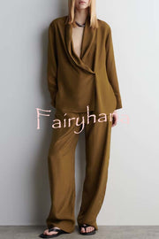Bella Satin Drape Collar Single Button Casual Blazer and Elastic Waist Pocket Loose Pants Set