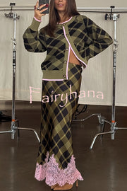 Holiday Plaid Knit Color-blocked Trim Button Long-sleeved Loose Cardigan