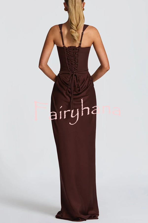 Larrah Square Neck Back Lace-up Satin Drape Hem Maxi Dress